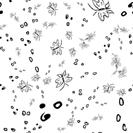 Butterfly seamless outline vector in line art style on white background. Line art butterfly. Cartoon animals, flowers and dots. Simple design seamless pattern. Exotic wallpaper. Abstract pattern.のイラスト素材