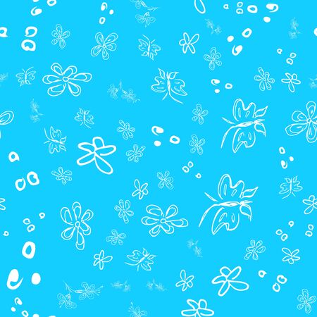 Butterfly seamless outline vector in line art style on blue background. Line art butterfly. Cartoon animals, flowers and dots. Simple design seamless pattern. Exotic wallpaper. Abstract pattern.のイラスト素材