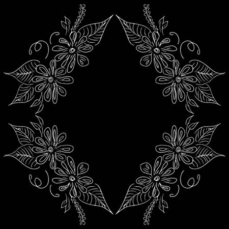 Tropical frame hand drawn. Jungle foliage illustration. Floral border. Hand drawing. Vector, isolated. Natural spring wedding card. Summer tropical leaf. Botanical frame. Line drawing.のイラスト素材