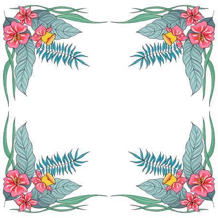 Tropical frame hand drawn. Jungle foliage illustration. Floral border. Hand drawing. Vector, isolated. Natural spring wedding card. Summer tropical leaf. Botanical frame. Line drawing.のイラスト素材