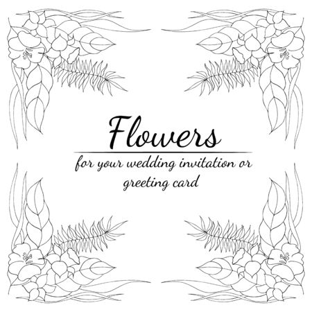 Tropical frame hand drawn. Jungle foliage illustration. Floral border. Hand drawing. Vector, isolated. Natural spring wedding card. Summer tropical leaf. Botanical frame. Line drawing.のイラスト素材