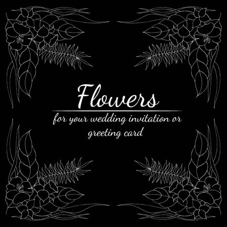 Tropical frame hand drawn. Jungle foliage illustration. Floral border. Hand drawing. Vector, isolated. Natural spring wedding card. Summer tropical leaf. Botanical frame. Line drawing.のイラスト素材