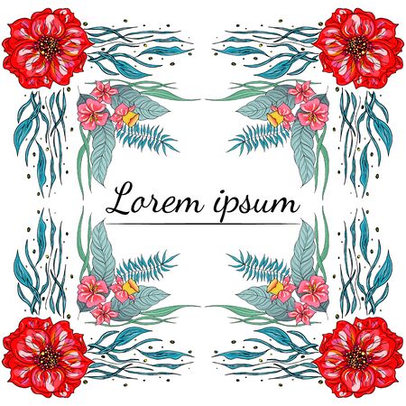 Tropical set of hand drawn orchid floral frames. Jungle foliage illustration. Floral set. Hand drawing. Vector collection, isolated. Natural spring wedding card. Summer tropical leaf. Botanical frame.のイラスト素材