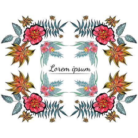Tropical set of hand drawn orchid floral frames. Jungle foliage illustration. Floral set. Hand drawing. Vector collection, isolated. Natural spring wedding card. Summer tropical leaf. Botanical frame.のイラスト素材