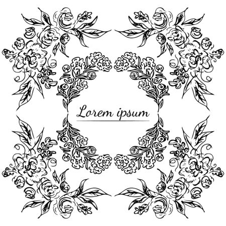 Tropical hand drawn floral frames. Outline set. Jungle foliage illustration. Floral set. Hand drawing. Vector isolated collection. Natural spring wedding card. Summer tropical leaf. Botanical frames.のイラスト素材