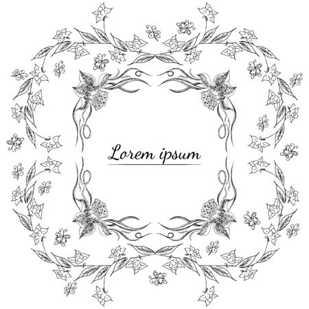 Tropical hand drawn floral frames. Outline set. Jungle foliage illustration. Floral set. Hand drawing. Vector isolated collection. Natural spring wedding card. Summer tropical leaf. Botanical frames.のイラスト素材