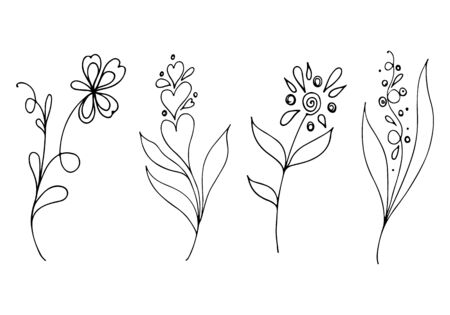 Big outline set of summer tropical flowers. Floral botanical flower set isolated on white background. Hand drawn vector collection. Botanical Hawaii nature. Tropical palm icon. Hawaiian collection.のイラスト素材