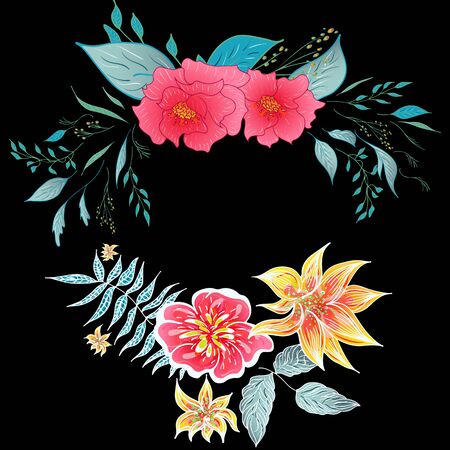 Set of two summer colorful tropical flowers. Floral botanical flower set isolated on black background. Hand drawn vector collection. Botanical Hawaii nature. Tropical palm icon. Hawaiian illustration.のイラスト素材