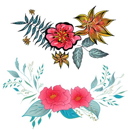Set of two summer colorful tropical flowers. Floral botanical flower set isolated on white background. Hand drawn vector collection. Botanical Hawaii nature. Tropical palm icon. Hawaiian illustration.のイラスト素材