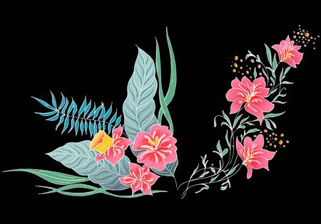 Set of two summer colorful tropical flowers. Floral botanical flower set isolated on black background. Hand drawn vector collection. Botanical Hawaii nature. Tropical palm icon. Hawaiian illustration.のイラスト素材