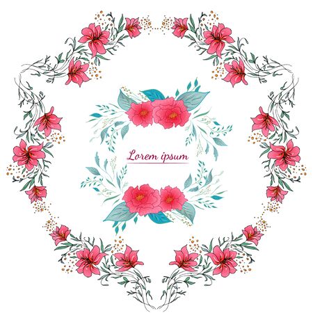 Tropical set of hand drawn floral frames. Jungle foliage illustration. Floral set. Design elements. Vector collection, isolated. Natural spring wedding card. Summer tropical leaf. Botanical frames.のイラスト素材