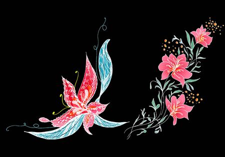 Set of two summer colorful tropical flowers. Floral botanical flower set isolated on black background. Hand drawn vector collection. Botanical Hawaii nature. Tropical palm icon. Hawaiian illustration.のイラスト素材
