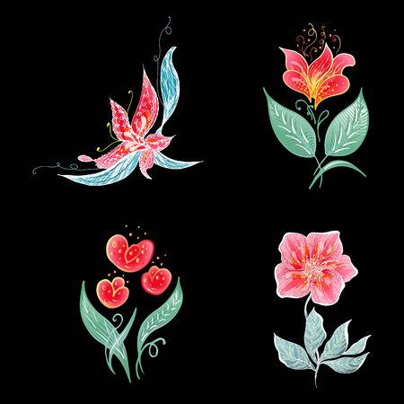 Set of 4 summer colorful tropical flowers. Floral botanical flower set isolated on black background. Hand drawn vector collection. Botanical Hawaii nature. Tropical palm icon. Hawaiian illustration.のイラスト素材