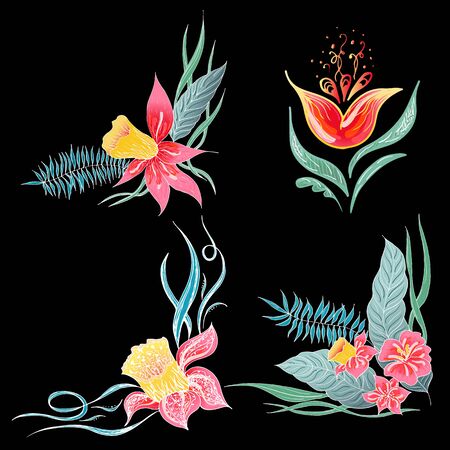 Set of 4 summer colorful tropical flowers. Floral botanical flower set isolated on black background. Hand drawn vector collection. Botanical Hawaii nature. Tropical palm icon. Hawaiian illustration.のイラスト素材