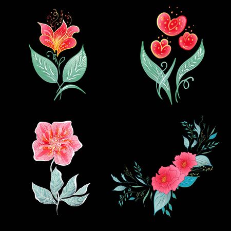 Set of 4 summer colorful tropical flowers. Floral botanical flower set isolated on black background. Hand drawn vector collection. Botanical Hawaii nature. Tropical palm icon. Hawaiian illustration.のイラスト素材