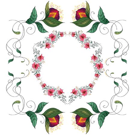 Tropical set of hand drawn floral frames. Jungle foliage illustration. Floral set. Design elements. Vector collection, isolated. Natural spring wedding card. Summer tropical leaf. Botanical frames.のイラスト素材
