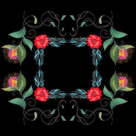 Tropical set of hand drawn floral frames. Jungle foliage illustration. Floral set. Design elements. Vector collection, isolated. Natural spring wedding card. Summer tropical leaf. Botanical frames.のイラスト素材