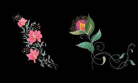 Set of two summer colorful tropical flowers. Floral botanical flower set isolated on black background. Hand drawn vector collection. Botanical Hawaii nature. Tropical palm icon. Hawaiian illustration.のイラスト素材