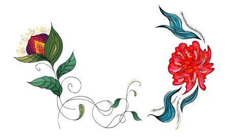 Set of two summer colorful tropical flowers. Floral botanical flower set isolated on white background. Hand drawn vector collection. Botanical Hawaii nature. Tropical palm icon. Hawaiian illustration.のイラスト素材