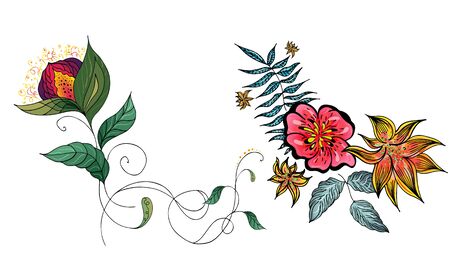 Set of two summer colorful tropical flowers. Floral botanical flower set isolated on white background. Hand drawn vector collection. Botanical Hawaii nature. Tropical palm icon. Hawaiian illustration.のイラスト素材