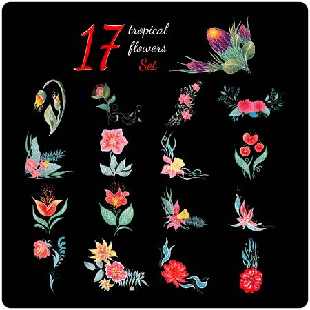 Big set of 17 colorful tropical flowers. Big floral botanical flower set isolated on black background. Hand drawn vector collection. Botanical Hawaii nature. Tropical palm icon. Hawaiian illustration.のイラスト素材