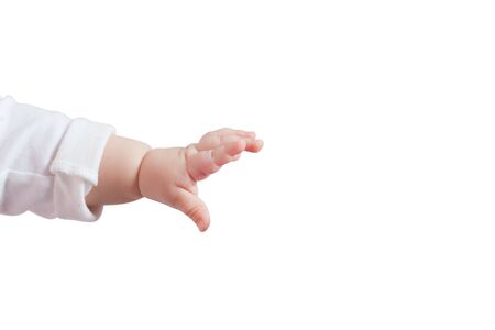 Left children hand isolated on white background. caucasian child girl's hand show gesture reach up...