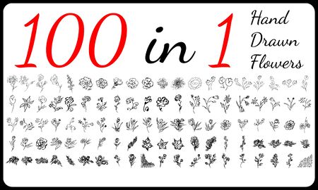 Big collection of 100 hand-drawn flowers. Big floral botanical flowers set isolated on a white background. Hand drawn vector collection. Spring blossom. Floral bouquet decoration.のイラスト素材