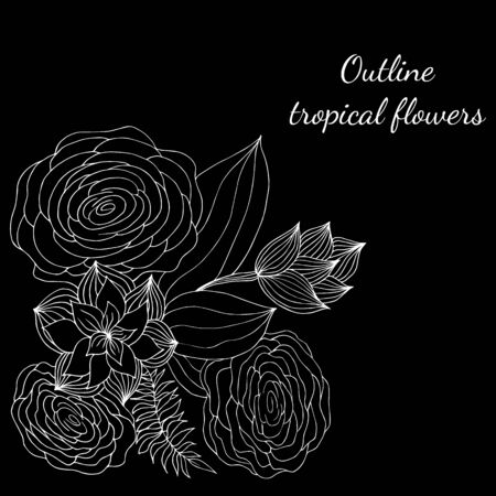 Outline hand drawn tropical flowers isolated on black. Retro flowers hand outline orchid, great design for any purposes. Vector illustration. Tropical plant for coloring book. Design elements.のイラスト素材