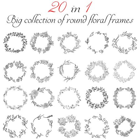 Big collection of 20 round floral frames. Big floral botanical flowers set isolated on a white background. Hand drawn outline vector collection. Spring blossomのイラスト素材