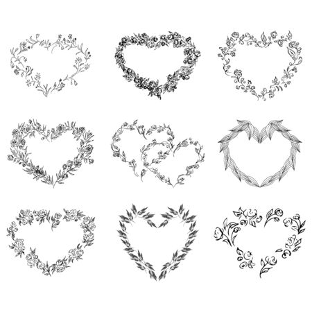 Vintage outline flower heart collection. Outline hand-drawn flowers. Big hearts collection. Isolated vector set. Vintage vector set.のイラスト素材
