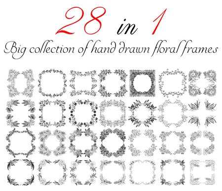 Big collection of 28 hand-drawn floral frames. Big floral botanical flowers set isolated on a white background. Hand drawn outline vector collection. Spring blossom.の写真素材