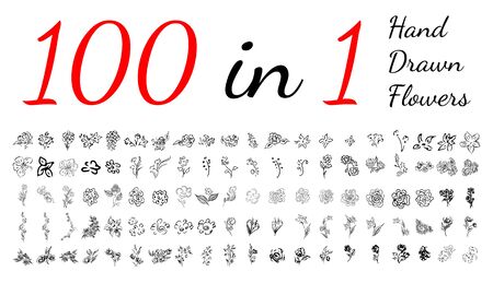 Big collection of 100 hand-drawn flowers. Big floral botanical flowers set isolated on a white background. Hand drawn vector collection. Spring blossom. Floral bouquet decoration.のイラスト素材
