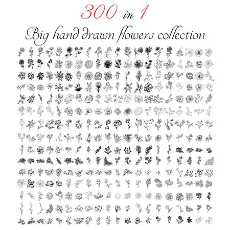 Big collection of 300 hand-drawn flowers. Big floral botanical flowers set isolated on a white background. Hand drawn vector collection. Spring blossom. Floral bouquet decoration.のイラスト素材