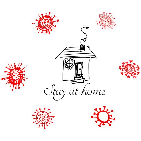 Stay at home. Stop coronavirus concept. Icon with bacteria around the house. Vector quarantine sign. Line drawing. Medical icon collection. COVID-19. 2019 Novel Coronavirus 2019-nCoV. SARS-CoV-2.のイラスト素材