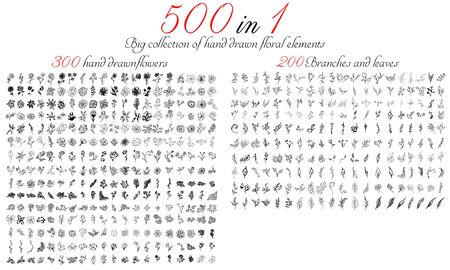 Huge outline collection of 500 hand-drawn floral elements. Big collection of 300 hand-drawn flowers and 200 brunches and leaves. Big floral botanical set isolated on a white background.のイラスト素材