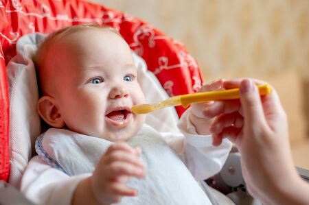 Mother feeding her happy baby son with spoon. Mother giving healthy food to her adorable child at home. Parent feeding baby boy in high chair. Close-up.の写真素材
