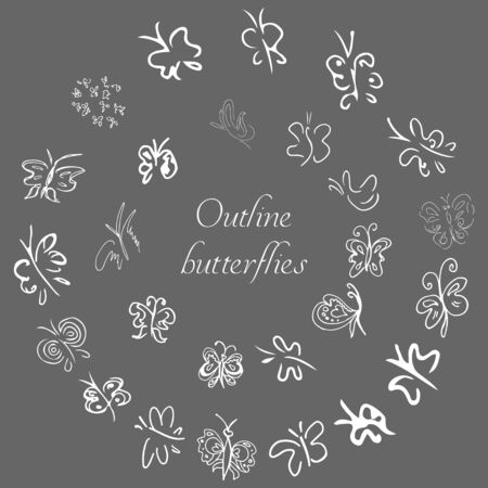 Set of hand drawn butterflies. Set of coloring butterflies, isolated white background. Doodle style. Black and white fantasy cartoon moths. Vector hand drawing collection. Line art doodle collectionのイラスト素材