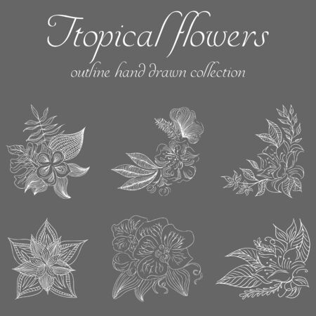 Tropical flowers. Outline hand drawn bundle. Outline vector collection for decorative design. Doodle line graphic design. Hand drawn vector set. Exotic flowers. Freehand illustration set.のイラスト素材