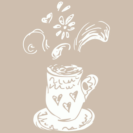 Hand drawn tea or coffee cup illustration in engraving style for menu or cafe. Vector Arabic coffee cup. Antique Arabian tea. Hand drawn outline doodle illustration. Arabic vintage style.のイラスト素材