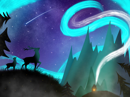 Mountain landscape with Aurora northern borealis, dears, cosiness house and forest silhouette. Lanscape mountain view with aurora borealis abstract background illustration.の写真素材