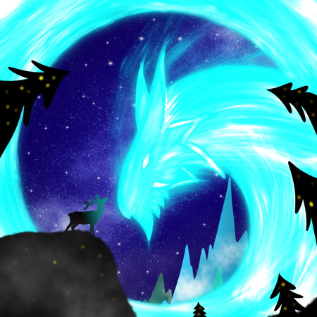 Mountain landscape with Aurora northern borealis in form on dragon. Dears, cosiness house and forest silhouette. Lanscape mountain view with aurora borealis abstract background illustration.の写真素材