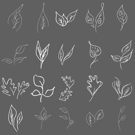 Doodle collection of 20 hand-drawn floral elements. Big collection of 20 hand-drawn leaves. Big floral botanical set isolated on a gray background.のイラスト素材