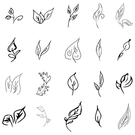 Doodle collection of 20 hand-drawn floral elements. Big collection of 20 hand-drawn leaves. Big floral botanical set isolated on a white backgroundのイラスト素材