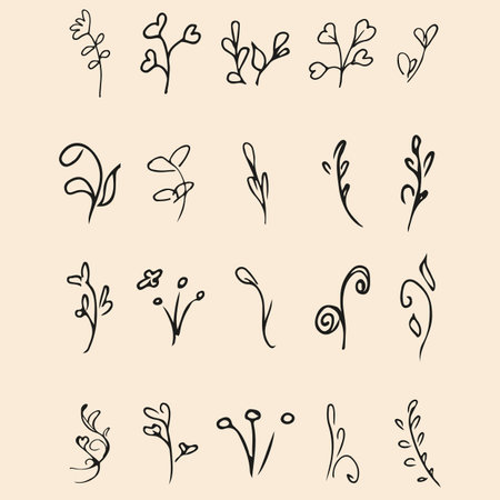 Doodle collection of 20 hand-drawn floral elements. Big collection of 20 hand-drawn branches. Big floral botanical set. isolated.のイラスト素材