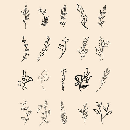 Doodle collection of 20 hand-drawn floral elements. Big collection of 20 hand-drawn branches. Big floral botanical set. isolated.のイラスト素材