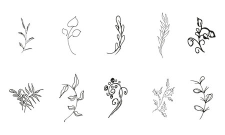 Doodle simple vector collection of 10 hand-drawn floral elements. Big collection of 10 hand-drawn branches. Big floral botanical set. isolated on white backgroundのイラスト素材