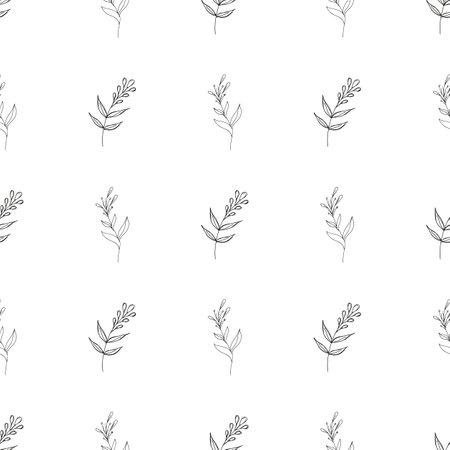 Doodle simple vector seamless pattern of hand-drawn leaves. Seamless pattern of hand-drawn branches. Big floral botanical set. isolated on white backgroundのイラスト素材