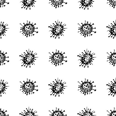 Seamless pattern of coronavirus microbes. Coronavirus 2019-nCoV. Doodle simple line elements from a medical concept. Editable vector stroke microbe. virus, bacteria. hand drawn illustrationのイラスト素材