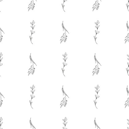 Doodle simple vector seamless pattern of hand-drawn leaves. Seamless pattern of hand-drawn branches. Big floral botanical set. isolated on white backgroundのイラスト素材