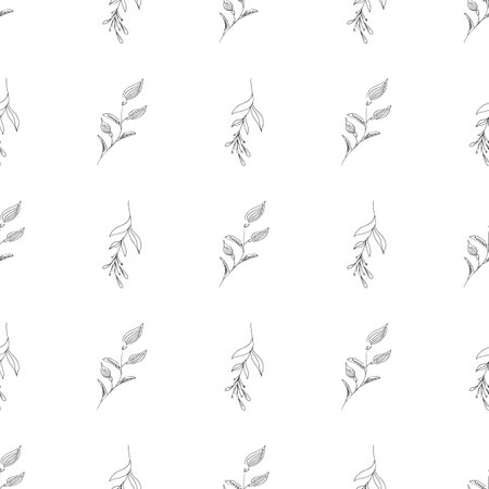 Doodle simple vector seamless pattern of hand-drawn leaves. Seamless pattern of hand-drawn branches. Big floral botanical set. isolated on white backgroundのイラスト素材